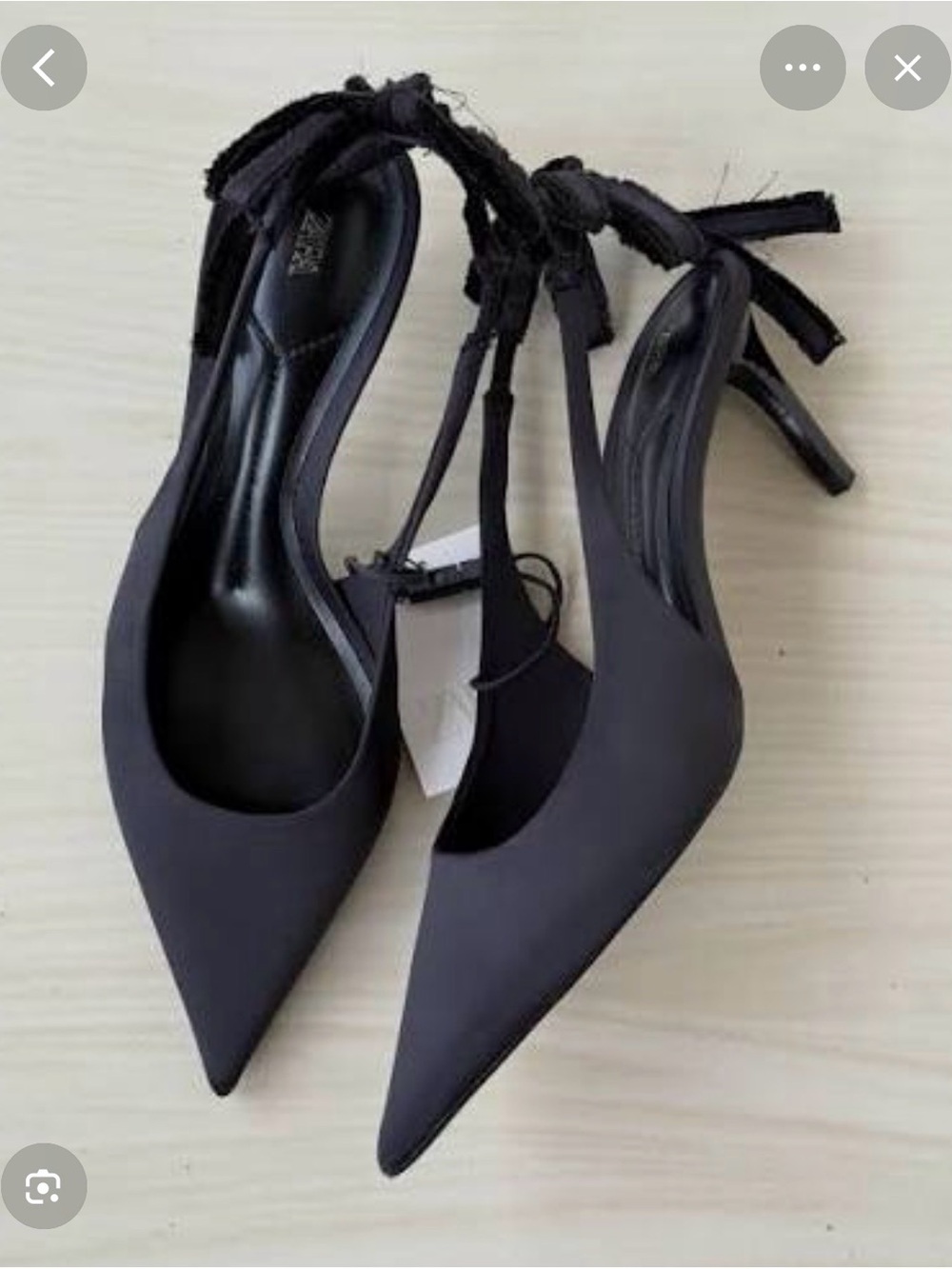 Zara Black Satin Pointed Toe Slingback Heels with Ankle Bow Tie